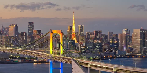 Fototapeten view of Tokyo Bay , Rainbow bridge and Tokyo Tower landmark © torsakarin