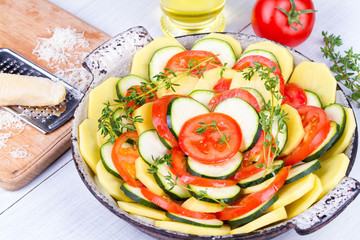 Tomatoes, potatoes and zucchini prepared for bake