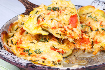 Baked Tomatoes, Zucchini and Poatoes with Thyme and Parmesan