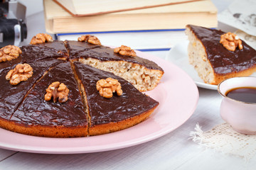 Homemade honey walnut pie and cup of coffee