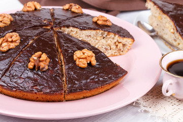 Homemade honey walnut pie and cup of coffee