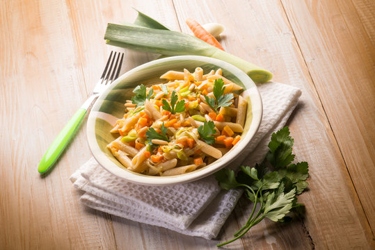 pasta with carrot leek and pine nuts