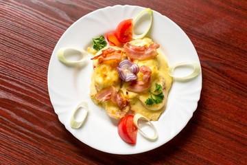 Delicious food on white plate