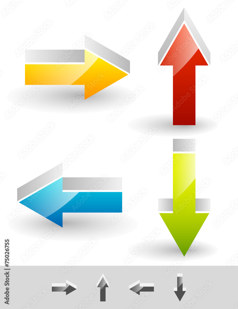 Poster bright, glossy arrow set in different directions. white space ar