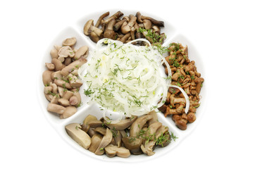 plate of marinated mushrooms on a white background