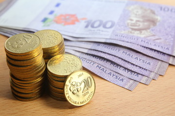 Malaysian ringgit coins and bank notes