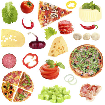 Tasty Pizza And Ingredients Isolated On White