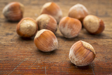 hazelnuts on wood table