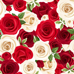 Seamless pattern with red and white roses. Vector illustration.