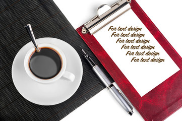 clipboard, a Cup of coffee and pen isolated on white background