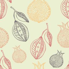 Lemon and pomegranate seamless hand drawn pattern