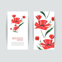 Brochure designs with red poppies. Watercolor vector