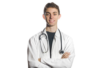 Portrait of student male doctor on the white