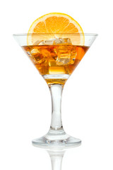 Glass of whiskey with ice and orange on white background