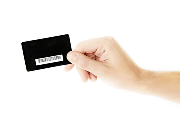Male hand holding blank business card with bar code