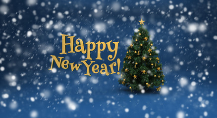 Christmas tree and snow on blue background