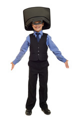 boy in suit with briefcase on his head