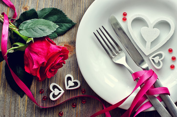 Saint Valentines's Day  festive romantic table setting and rose - 75042734