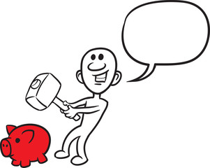 doodle small person - breaking piggy bank