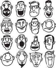 whiteboard drawing - big set of funny doodle faces