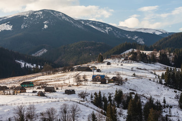 Fototapeta na wymiar Winter snow covered mountain peaks in Europe.