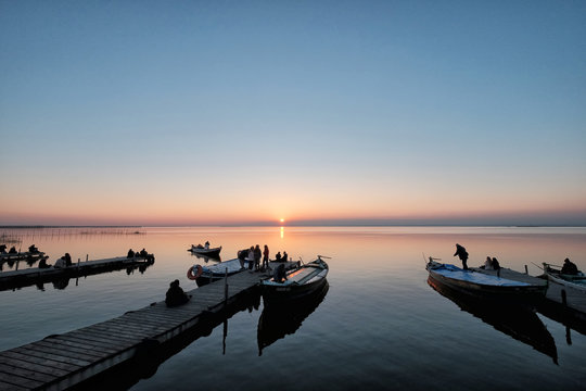 Albufera Lake Docks At Sunset, Valencia, Spain