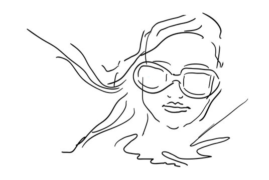 Hand Draw Woman Face With Glasses - sketch vector illustration