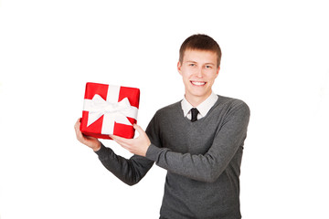 bright picture of handsome man with a christmas gift