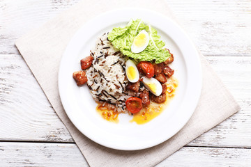 Tasty rice served on table, close-up