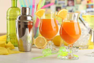 Glasses of fruit cocktails in party close-up