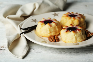 Delicious cheesecakes on wooden table