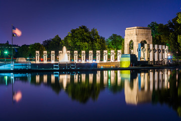 The National World War II Memorial at night at the National Mall