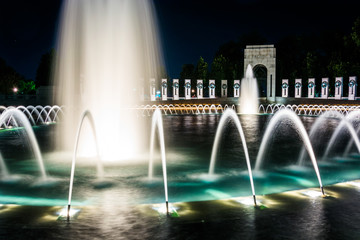 The National World War II Memorial Fountains at night at the Nat