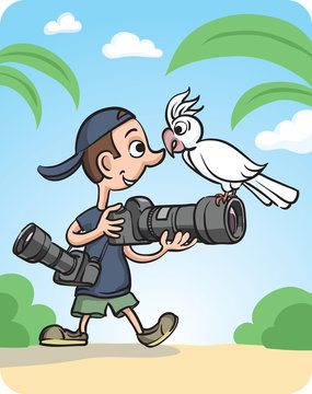 Funny Photographer and Curious Parrot