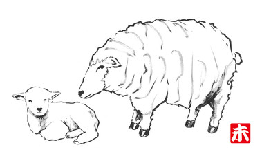 墨絵の親子の羊