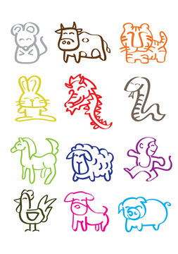 Colorful Minimalist Doodles of Chinese Zodiac Animals