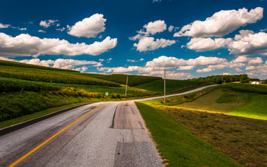 Fototapeta na wymiar Beautiful summer clouds over a country road in rural York County