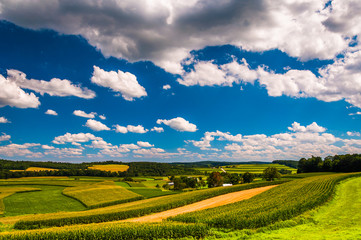 Beautiful summer clouds over rolling hills and farm fields in ru