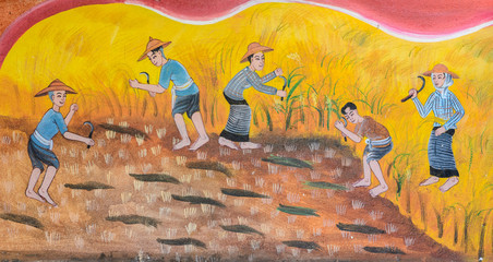 Thai mural painting of traditional method for rice cultivating o © boonsom