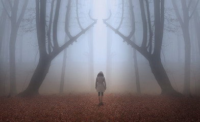 Woman in fairytale foggy forest during autumn