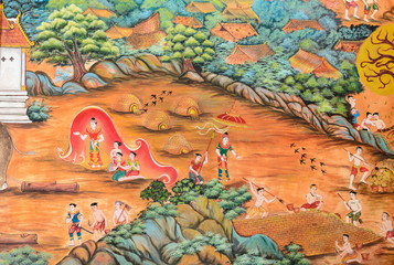 Thai mural painting of Thai Lanna life in the past on temple wal © boonsom