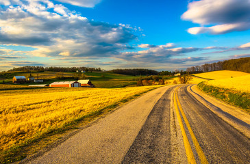 Country road and farm fields in rural York County, Pennsylvania.