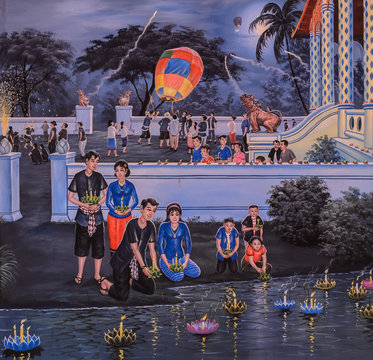 Native Thai painting of Loi Krathong festival on temple wall at
