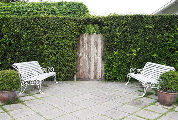 Green wall with white benches and timber door