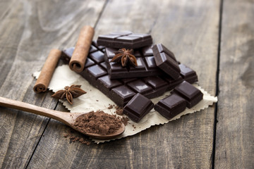 Broken chocolate bar and spices on wooden table.