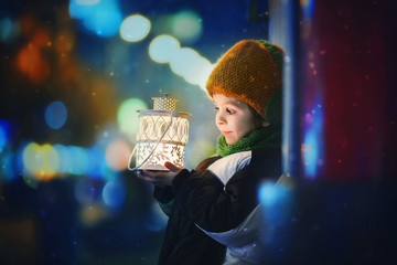 Cute boy, holding lantern outdoor © Tomsickova
