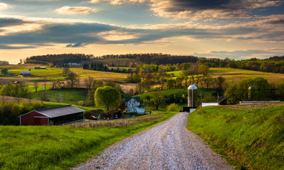 Dirt road and view of farm fields in rural York County, Pennsylv