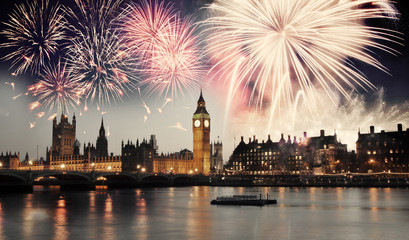 Westminster Abbey with firework, celebration of the New Year in