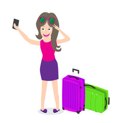 travel girl taking selfie with cell phone isolated