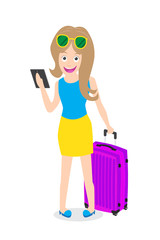 Smart woman holding tablet with luggage on white background